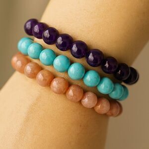 NWOT 8mm Gemstone Bracelet Stack – Amethyst, Turquoise, Sunstone